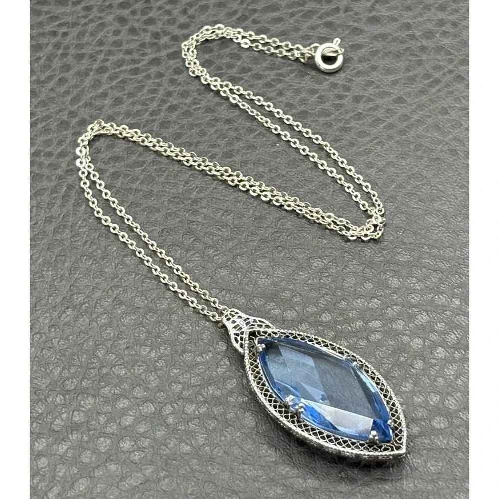 Vintage Czech Antique Blue Faceted Glass Marquise Drop Pendant Necklace 18
